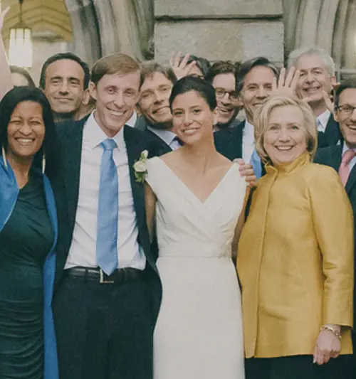 The picture of Jake Sullivan and Margaret Maggie with Hillary Clinton at the wedding.
