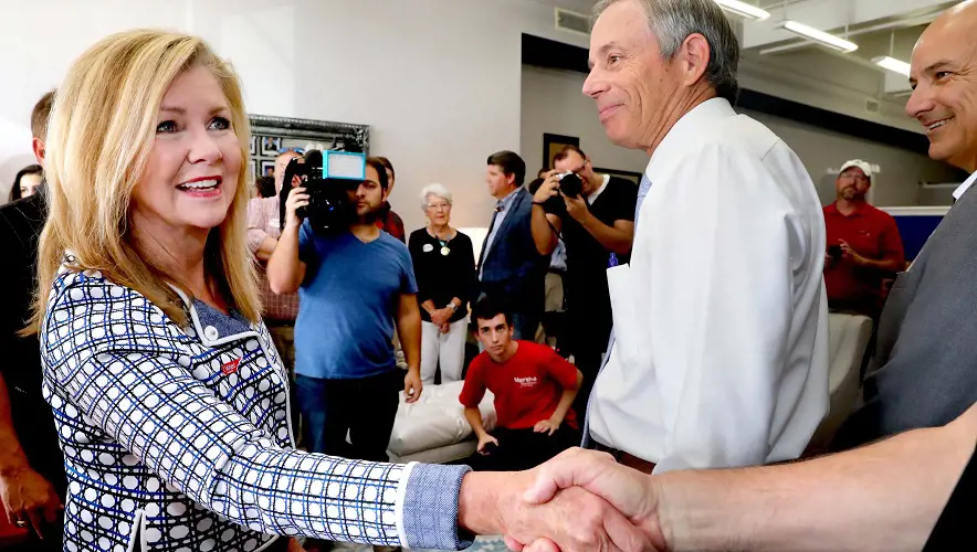Marsha greeting supporters at the Rutherford County Republican headquarters on election day August 2 2018. 