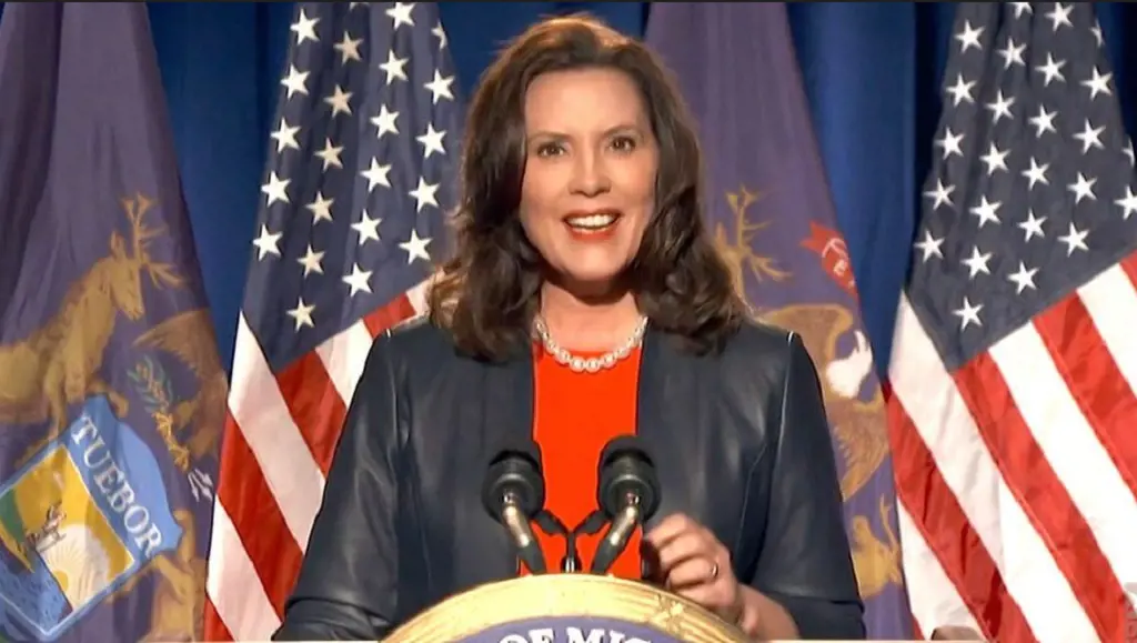 Michigan Gov. Gretchen Whitmer in the DNCC's livestream of the 2020 Democratic National Convention addressing the virtual convention on August 17, 2020.