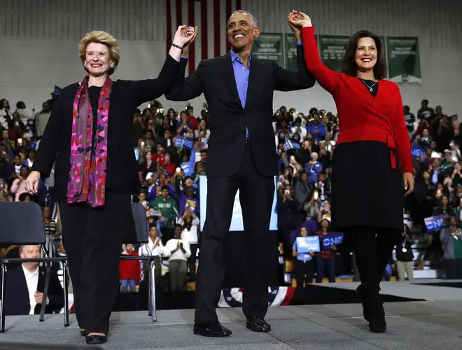 Gretchen Whitmer with a former President Barack Obama campaigned and Sen. Debbie Stabenow at an Oct. 2018 rally in Detroit, 