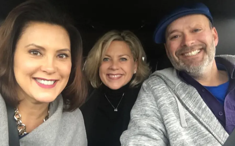 Gretchen Whitmer took a selfie with her brother, Richard(right) and sister, Liz(middle) in a car