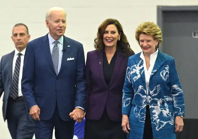 Gretchen Whitmer with President Joe Biden and Sen, Debbie Stabenow on North American International Auto Show at Huntington Place,  Detroit
